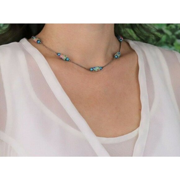 Sterling Silver Liquid Beads Flower Bead Necklace 15 1/2 inch Choker - Picture 2 of 7